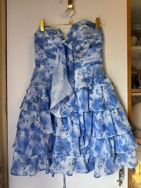 Amazon Blue and White Floral Strapless Ruffled Dress